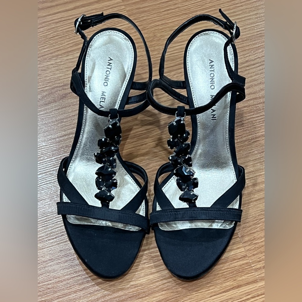 Antonio Melani size 8 black jeweled heel sandal satin holiday strappy
